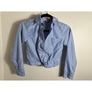 Vintage Blue and White Striped Button Up Cropped Shirt Size Small